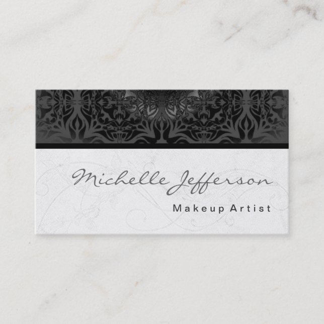 Makeup Artist Script Grey Pattern Business Card (Front)