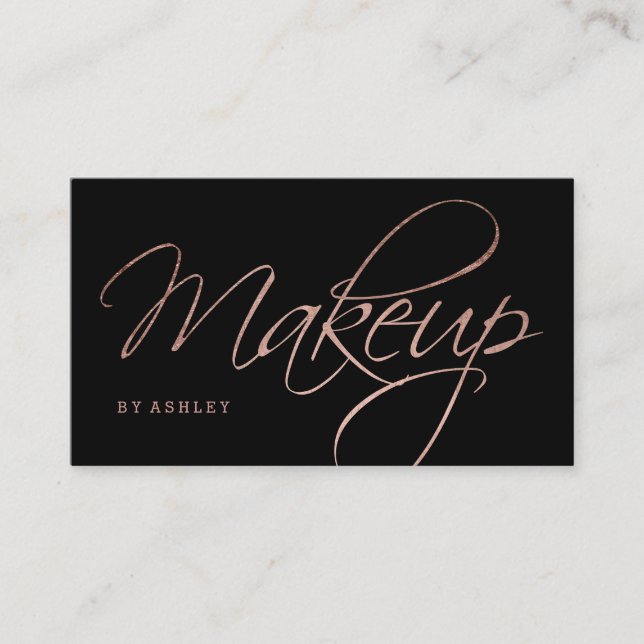 Makeup artist script rose gold typography black business card (Front)