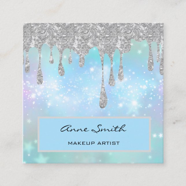 Makeup Artist Silver Glitter Dripping on Blue Square Business Card (Front)