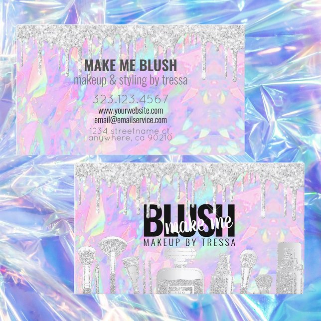 Makeup Artist Silver Glitter Drips Iridescent Opal Business Card (Creator Uploaded)