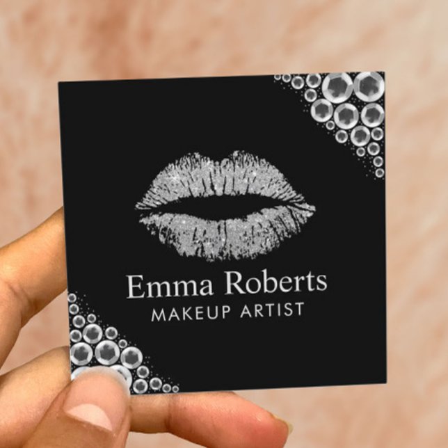 Makeup Artist Silver Glitter Lips Modern Salon Square Business Card (Creator Uploaded)