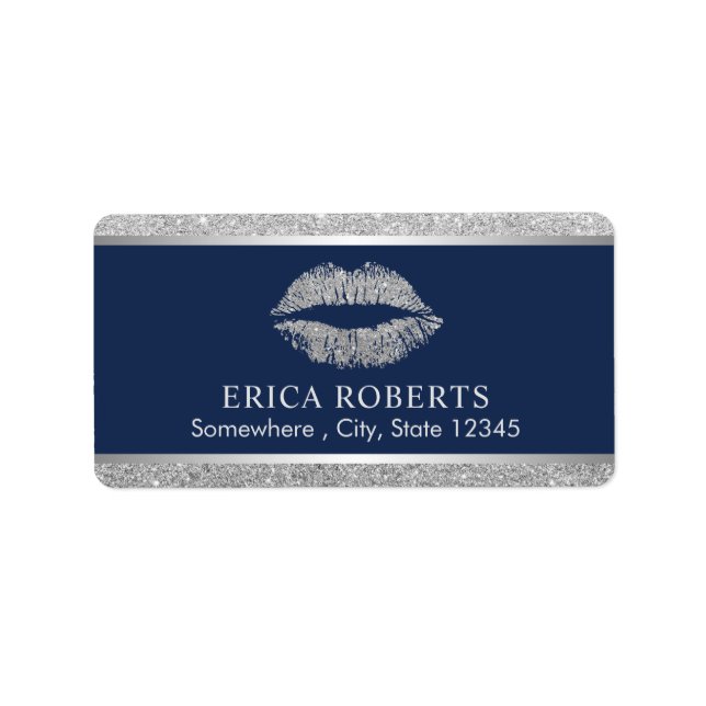 Makeup Artist Silver Glitter Lips Navy Blue Salon Label (Front)