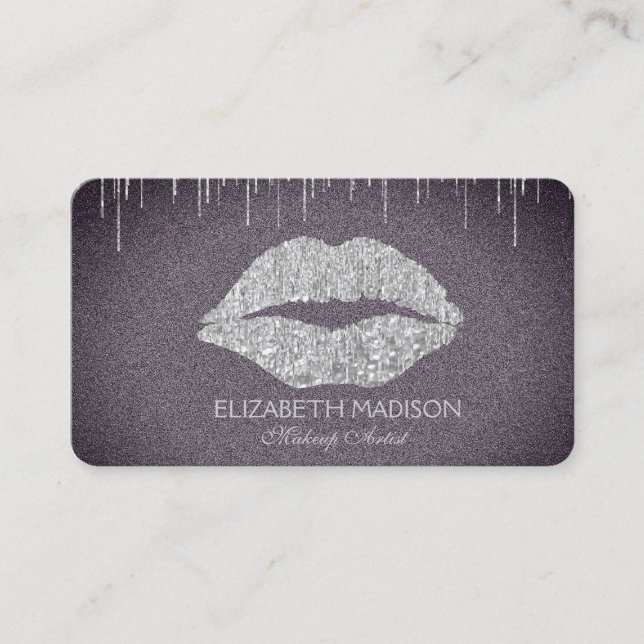 Makeup Artist Silver Glitter Lips with Purple Business Card (Front)