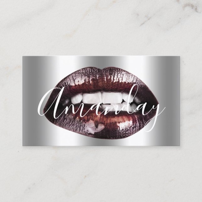 Makeup Artist Studio Silver Lip Logo QR Code Logo  Business Card (Front)