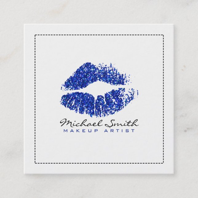 Makeup Artist Stylish Blue Glitter Lips #3 Square Business Card (Front)