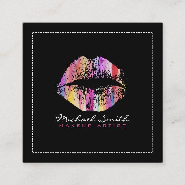 Makeup Artist Stylish Colourful Lips Modern Black Square Business Card (Front)
