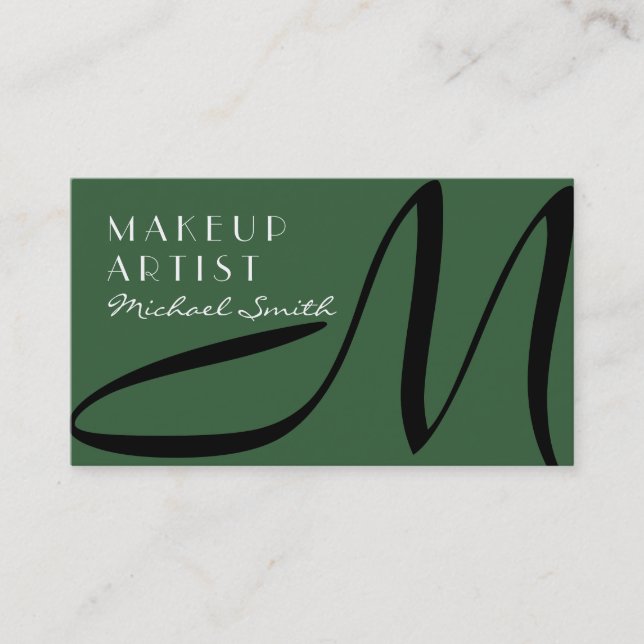Makeup Artist Stylish Monogram Modern Moss Green Business Card (Front)