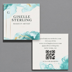 Makeup Artist Teal Blue Watercolor QR Code Square Business Card
