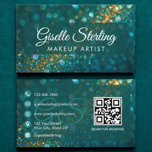 Makeup Artist Teal Gold Glitter Opal QR Code Business Card
