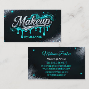 Makeup Artist Teal Silver Drips Trendy Glitter Business Card