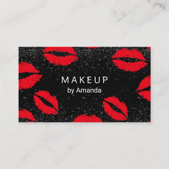 Makeup Artist Trendy Black Glitter Red Lips Salon Business Card (Front)