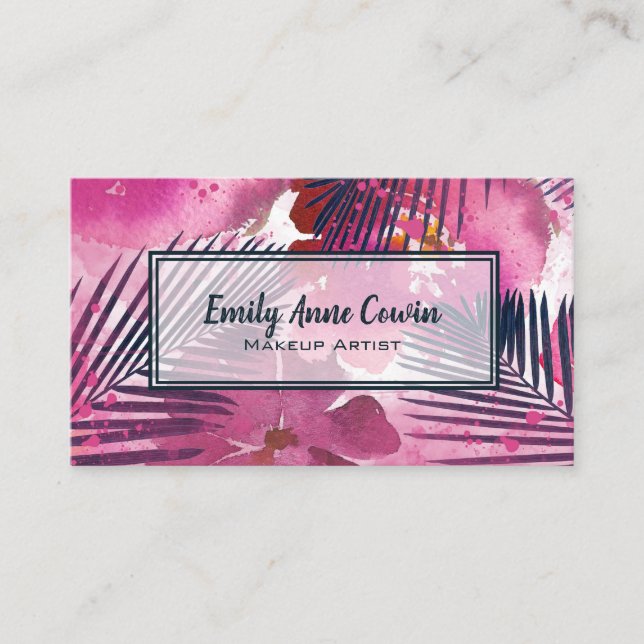 Makeup Artist Trendy Tropical Palm Pink Floral Business Card (Front)