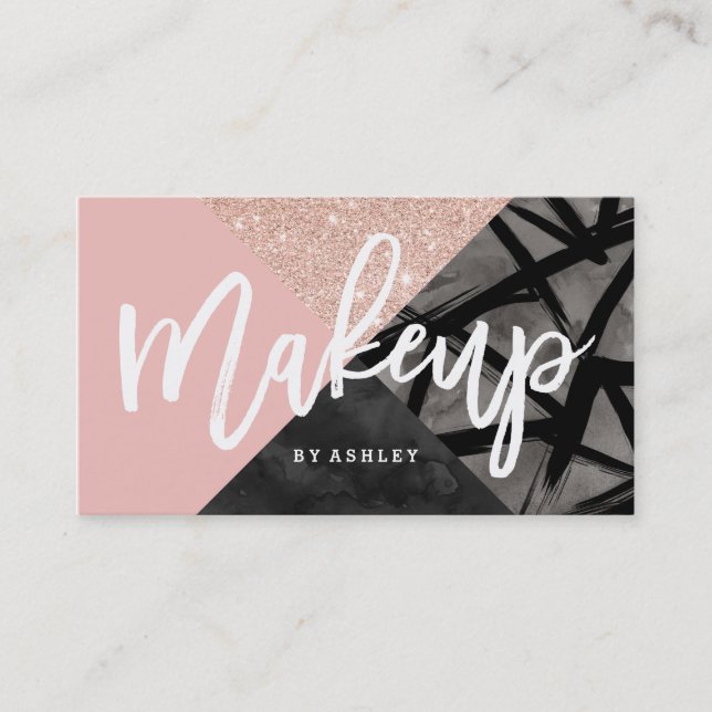 Makeup artist typography rose gold colour block business card (Front)
