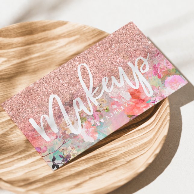 Makeup artist typography rose gold glitter floral business card (Creator Uploaded)