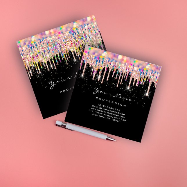 Makeup Artist Unicorn Black Holograph Unicorn Blue Square Business Card (Makeup Artist Unicorn Black Holograph Unicorn Blue Square Business Card)