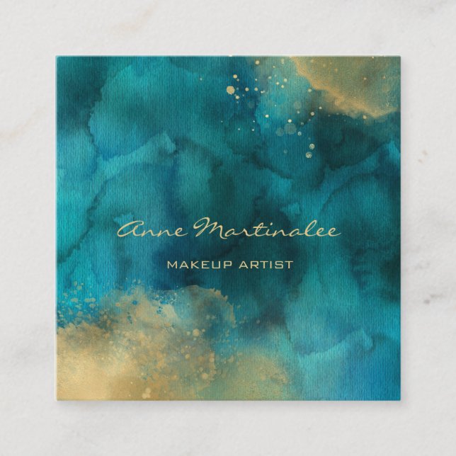 Makeup Artist Watercolor Teal and Gold Square Business Card (Front)
