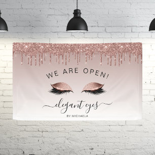 Makeup Artist We Are Open Rose Gold Glitter Eyes Banner