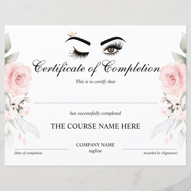 Makeup artist Wink Eye  Certificate of Completion (Front)