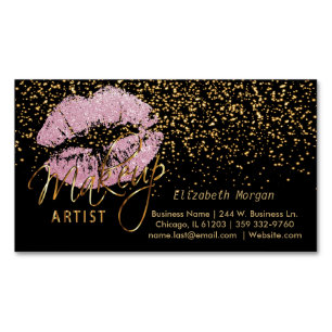 Makeup Artist with Gold Confetti & Pink Lips Magnetic Business Card