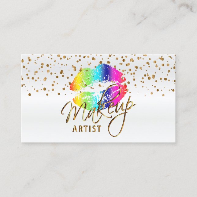 Makeup Artist with Gold Confetti & Rainbow Lips 2 Business Card (Front)