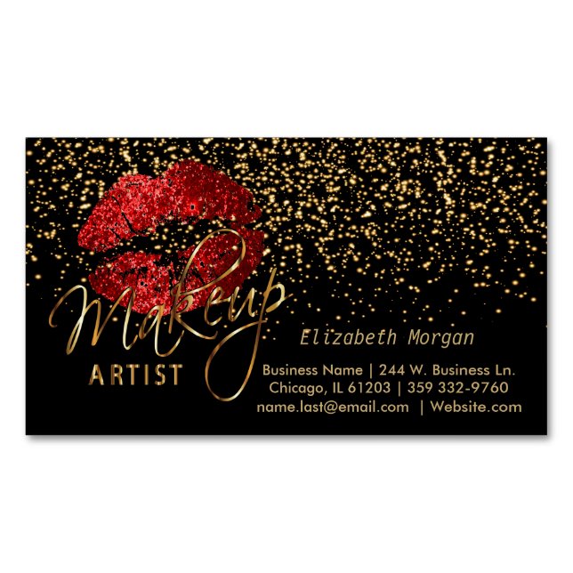 Makeup Artist with Gold Confetti & Red Lips Magnetic Business Card (Front)