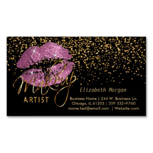 Makeup Artist with Gold Confetti & So Pink Lips Magnetic Business Card