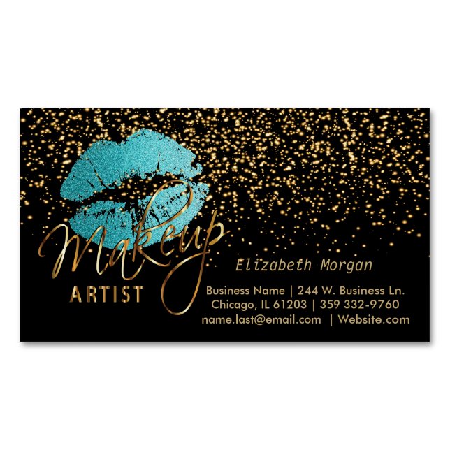 Makeup Artist with Gold Confetti & Teal Lips Magnetic Business Card (Front)