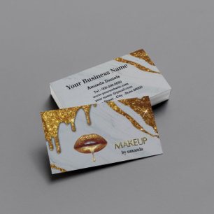 Makeup Artist with gold dripping lips marble Busin Business Card