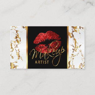 Makeup Artist with White Marble Gold & Red Accents Business Card
