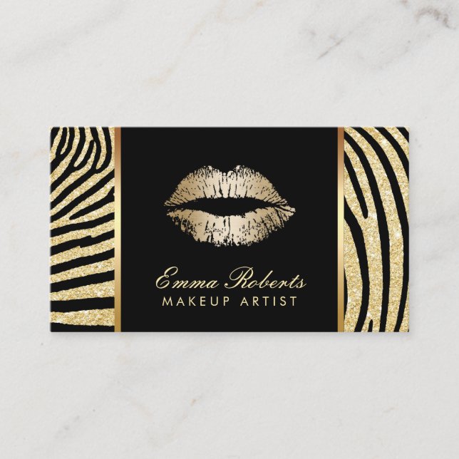 Makeup Artist Zebra Stripes Gold Lips Elegant Business Card (Front)