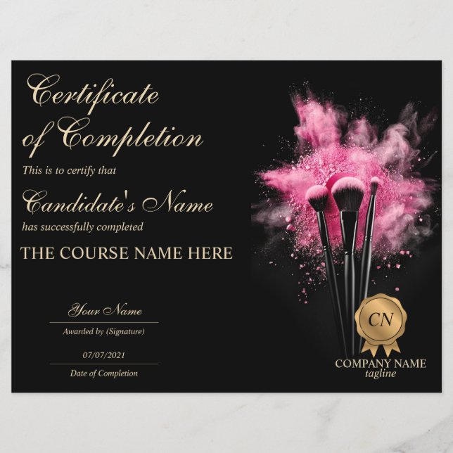 Makeup Beauty Certificate of Completion Award (Front)