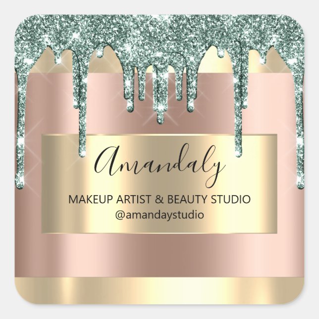 Makeup Beauty Glitter Gold Framed Boutique Rose Square Sticker (Front)