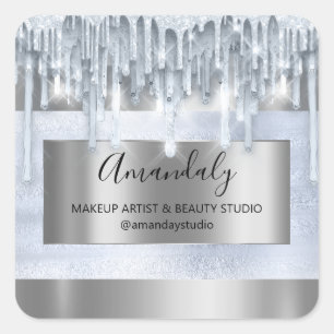 Makeup Beauty Glitter Silver Frame Boutique Blue  Square Sticker