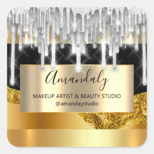 Makeup Beauty Glitter Silver Frame Thank Gold Square Sticker