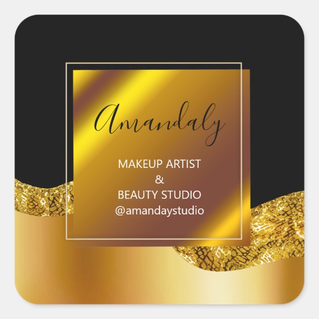Makeup Beauty Glitter Thank Gold Black Square Sticker (Front)