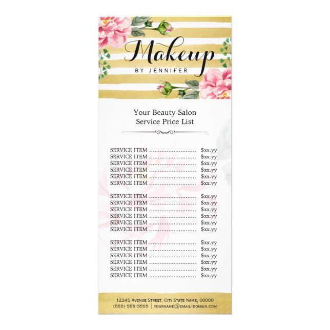 Makeup Beauty Salon Floral Gold Stripes Price List Rack Card (Front)