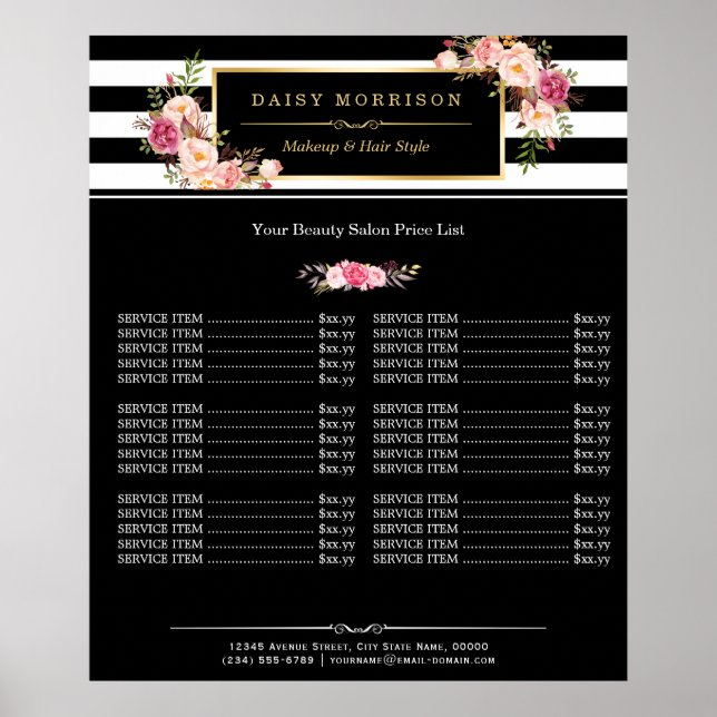 Makeup Beauty Salon Gold Floral Stripes Price List Poster (Front)
