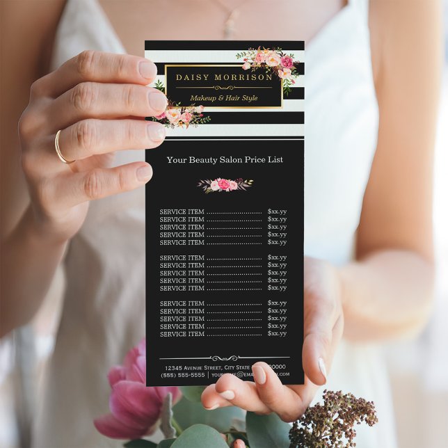Makeup Beauty Salon Gold Floral Stripes Price List Rack Card (Creator Uploaded)