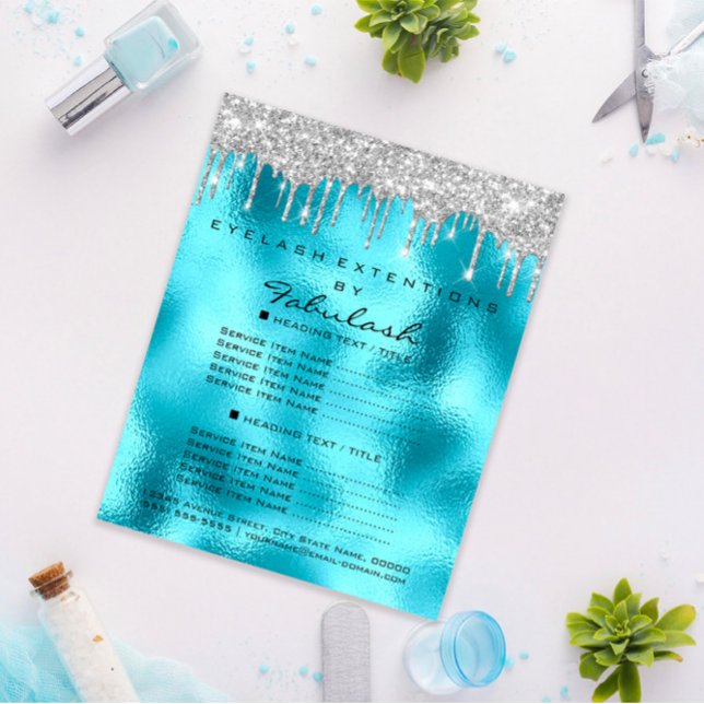 Makeup Beauty Salon Silver  Glitter Blu  Drips Flyer (Makeup Beauty Salon Silver Glitter Blu Drips Flyer)