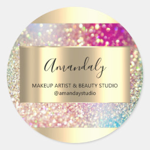 Makeup Beauty Shop Frame Gold Favour Holograph Lux Classic Round Sticker