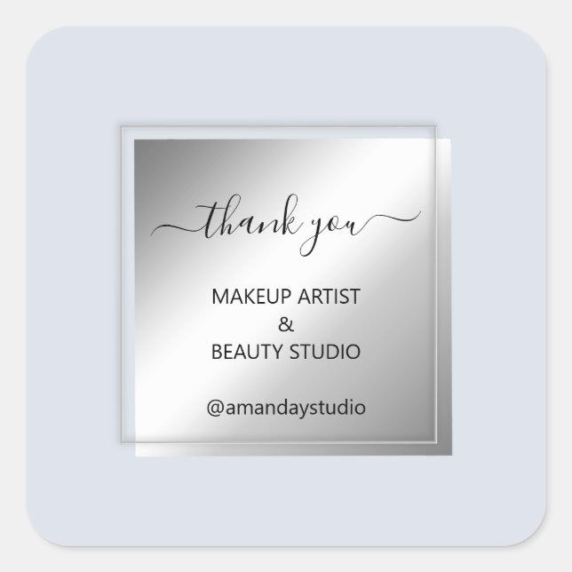 Makeup Beauty Shop Thank Silver Frame Blue Square Sticker (Front)