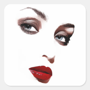 makeup beauty womans face blue eyes red lips art square sticker