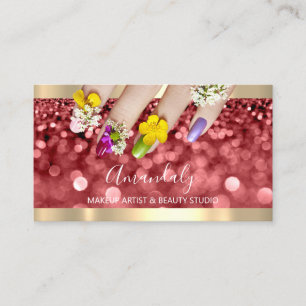 Makeup Blue Glitter Burgundy Glam Nails Floral Business Card