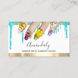 Makeup Blue Glitter Drips  Nails Floral Studio Business Card