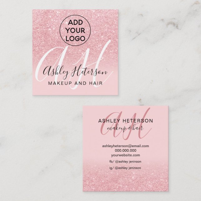 Makeup blush pink glitter logo monogram square business card (Front/Back)