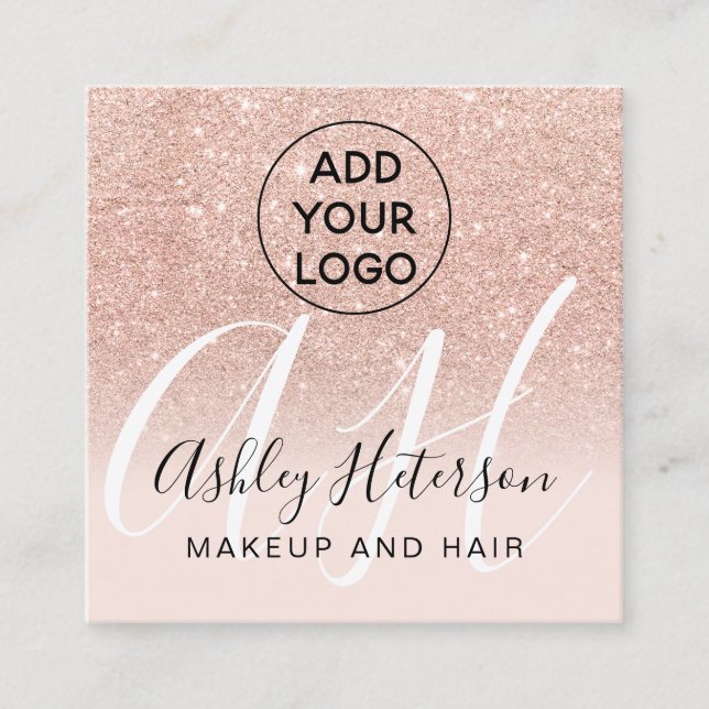 Makeup blush rose gold glitter logo monogram square business card (Front)