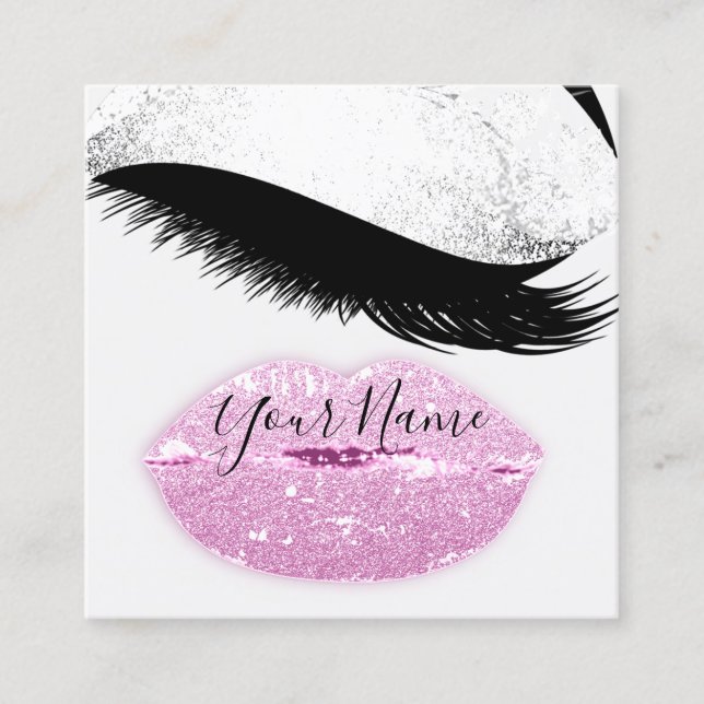 Makeup Boutique Pink Kiss Lips Lash QR Code Grey Square Business Card (Front)