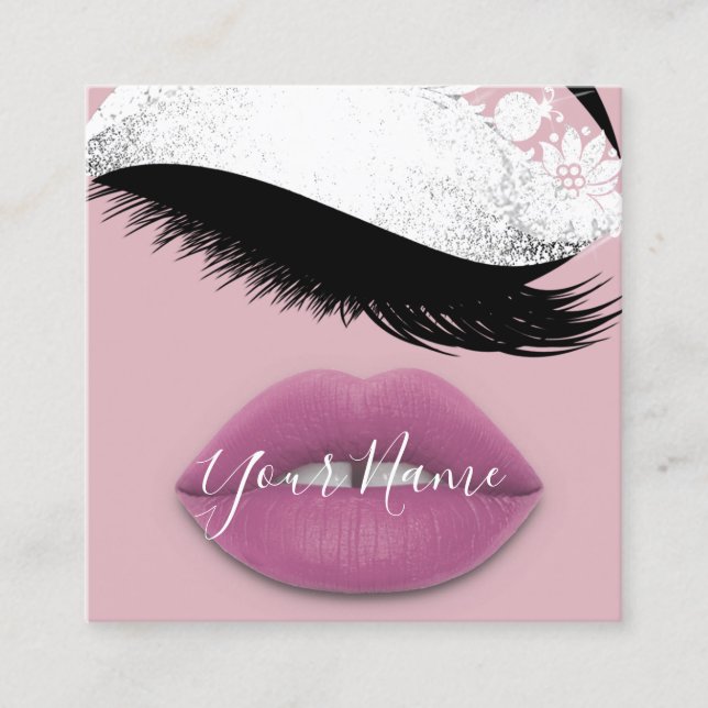 Makeup Boutique White Pink Lips Lash QR Code Rose Square Business Card (Front)