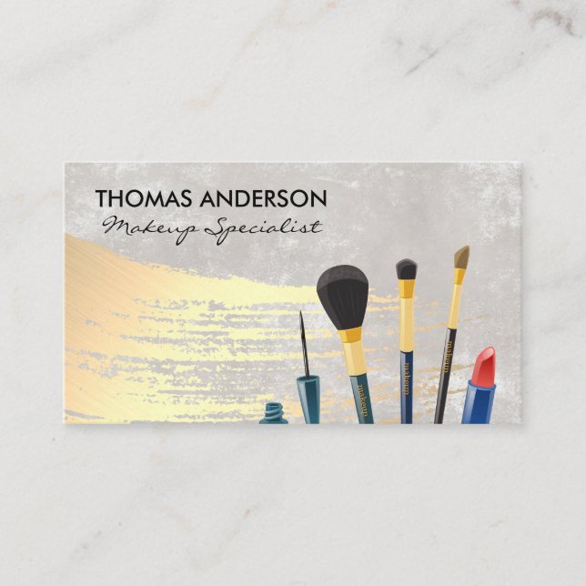 Makeup Brushes | Gold Brushed Background Business Card (Front)