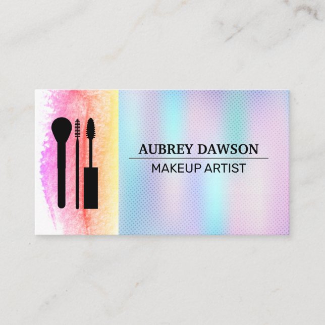 Makeup Brushes Icon Holographic Gradient Business Card (Front)